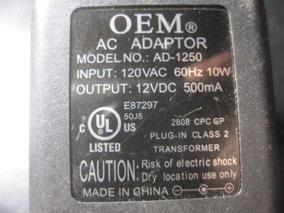 OEM AD-1250 AC Power Supply Charger Adapter 120VAC 12VDC