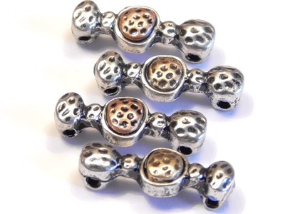 8 - 2 HOLE SLIDER BEADS TRI COLOR SILVER BRASS COPPER HAMMERED DIMPLED DESIGN