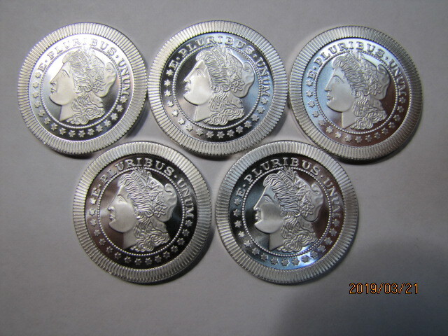 Lot of 5   1 oz. Stackable Morgan Design .999 Silver rounds, BU