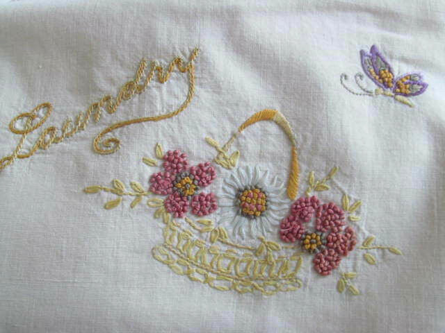 Charming~Antique Hand Embroidered LAUNDRY BAG~Heavy Cotton