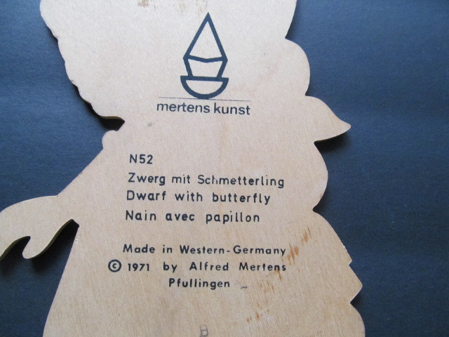 Mertens Kunst 1971 Wood Dwarf With Butterfly Wall Hanger Western Germany