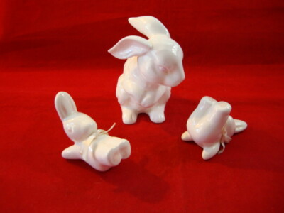 Vintage White Porcelain Family of Mother Rabbit with her Two Playful Kids