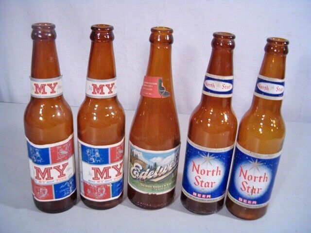 Five Vintage Brown Glass Beer Bottles - North Star, Edelweiss, My Beer Brands