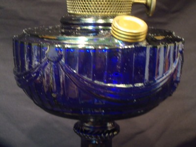 Aladdin Cobalt Blue Scallop Foot Tall Lincoln Drape Kerosene Lamp, All Original!