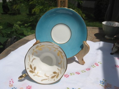 CUP SAUCER AYNSLEY aqua MADE IN ENGLAND  AQUA WHITE TRIM W/GOLD