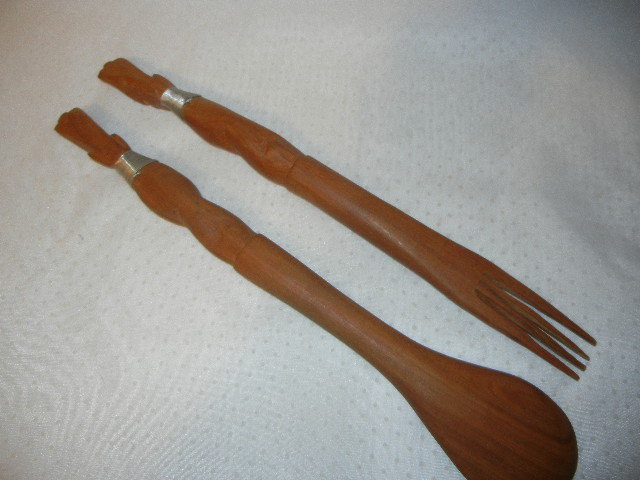 VINTAGE AFRICAN TRIBAL CARVED WOOD UTENSIL SET SPOON & FORK 14