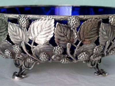 Berndorf Austria Antique Art Nouveau SP Bridal Basket Cobalt Blue Glass ca. 1880