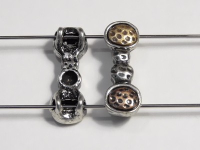 8 - 2 HOLE SLIDER BEADS TRI COLOR SILVER BRASS COPPER DIMPLED HAMMERED DESIGN