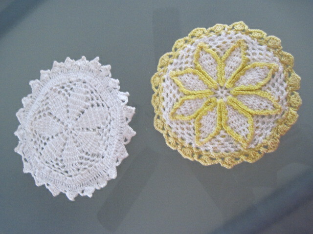Set of 3 Vintage Potholders Yellow & White Crocheted Approx.  6” Diameter.