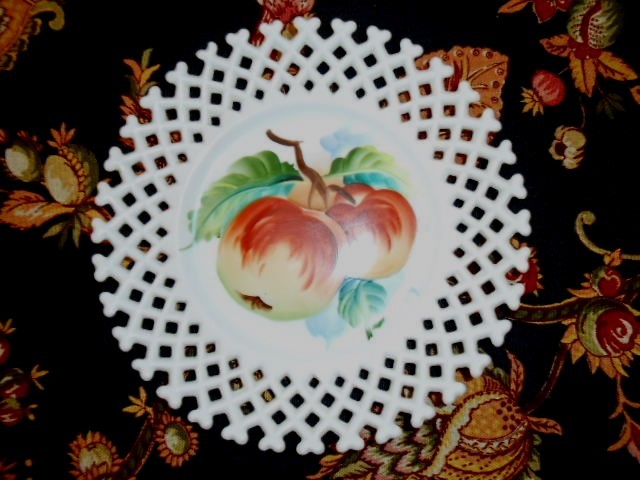 Vintage Lefton Milk Glass Lattice Handpainted Pear, Cherries & Apples Set of 2