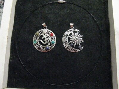 LOT J6 - 7 CHAKRA STONE OM SILVER TONE PENDANT, CHOKER WIRE, CELESTIAL SUN MOON