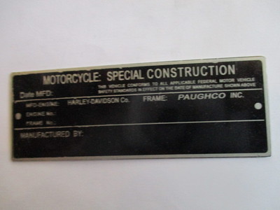 Type Plate ID-Plate Sign S30 PAUGHCO Motorcycle Special Construction
