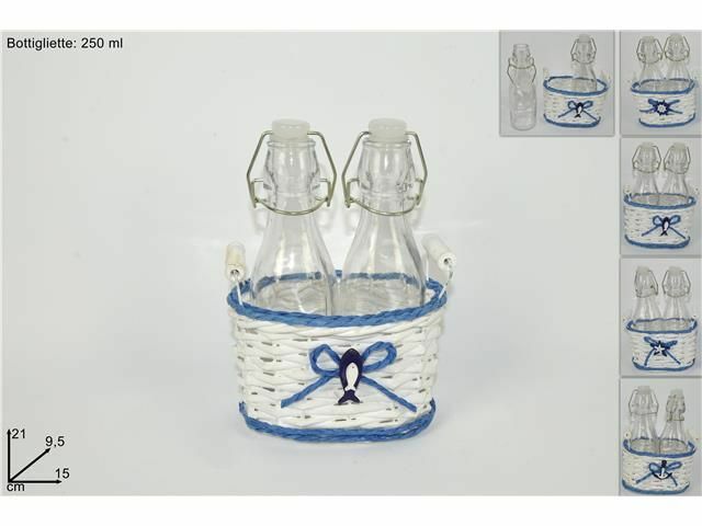Cesto Vassoio In Vimini Fantasia Marina Con 2 Bottiglie Vetro 250ml dfh