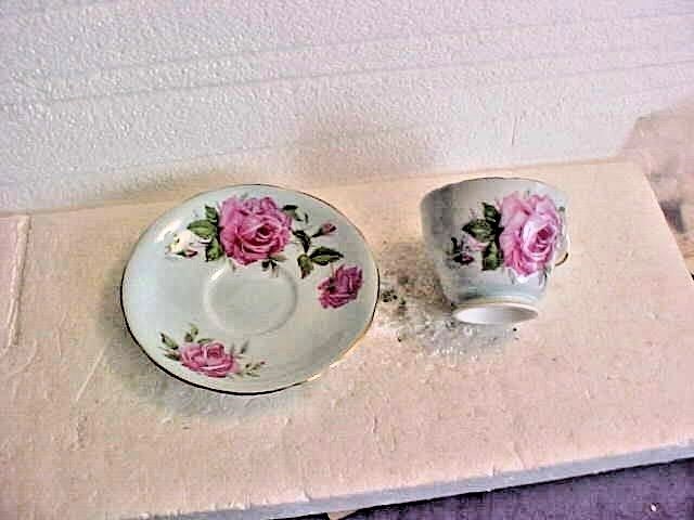 VINTAGE AYNSLEY PALE BLUE WITH PINK ROSES AND GOLD TRIM  CUP AND SAUCER