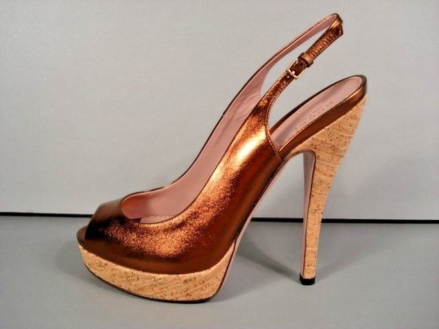 GUCCI 38/8 LISBETH METALLIC BRONZE PLATFORM SANDALS PEEPTOE