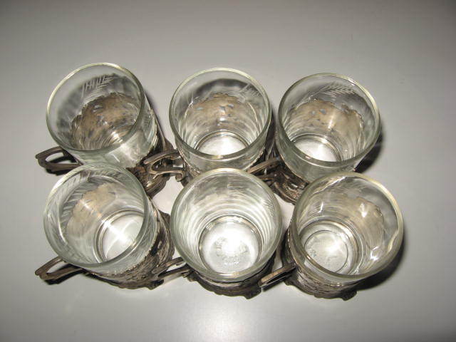 Antique old vintage persian silver tea set of 6 floral design cup w/ glass