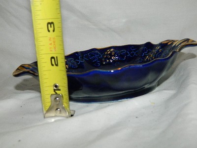 vintage Enesco Cobalt Blue & Gold nappy dish w/ handles Embossed Grape