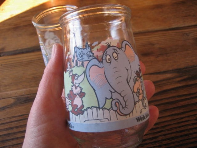 2 Welch's 1996 Wubbulous Dr. Suess Jelly Glass Jars Horton #2 Cat in Hat #6