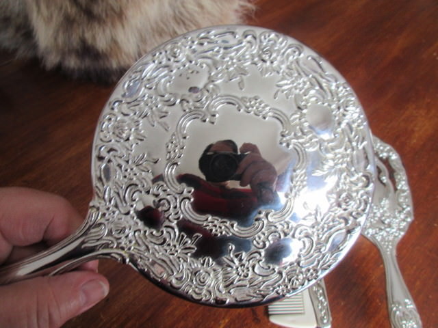 nice Antique SILVER PLATED DRESSER SET MIRROR,BRUSH,COMB W/ repousse flowers