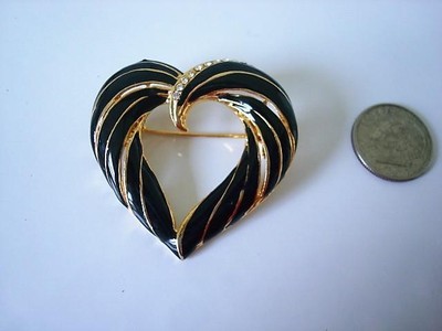 Gold Tone and Black Enamel Heart Pin Brooch With Clear Rhinestones