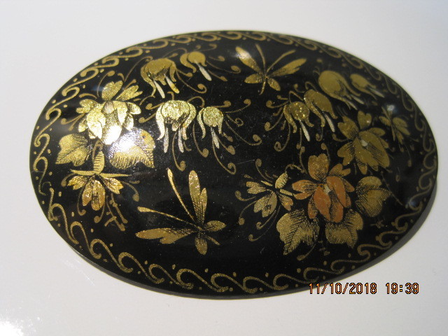 Floral Butterfly Brooch & Earrings Hand Painted Gold on Black Lacquer GUANMBIZUH