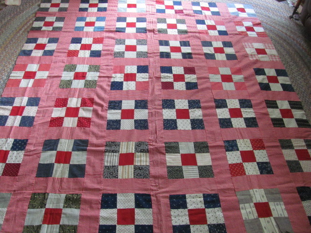 Early 1900's Nine Patch hand stitched quilt top never laundered