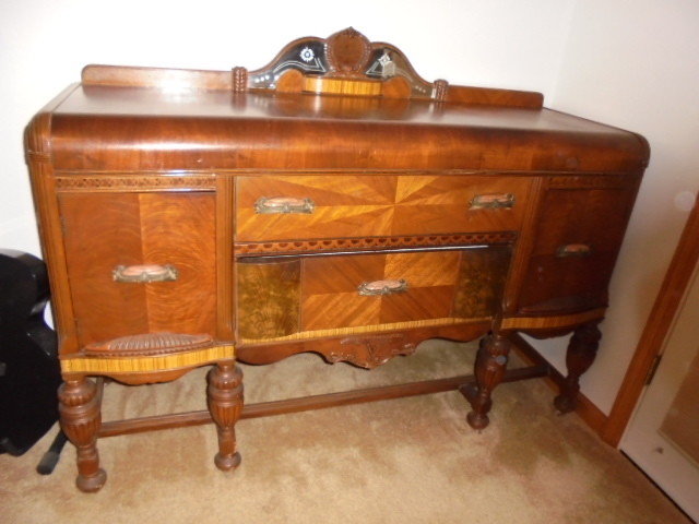 Antique Sideboard Buffet Art Deco Bakelite Handles Beveled & Etched Glass Mirror