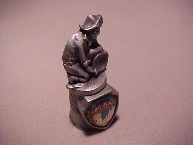 Vintage Sewing Pewter Thimble Nevada W/Gold Miner On Top
