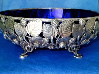 Berndorf Austria Antique Art Nouveau SP Bridal Basket Cobalt Blue Glass ca. 1880