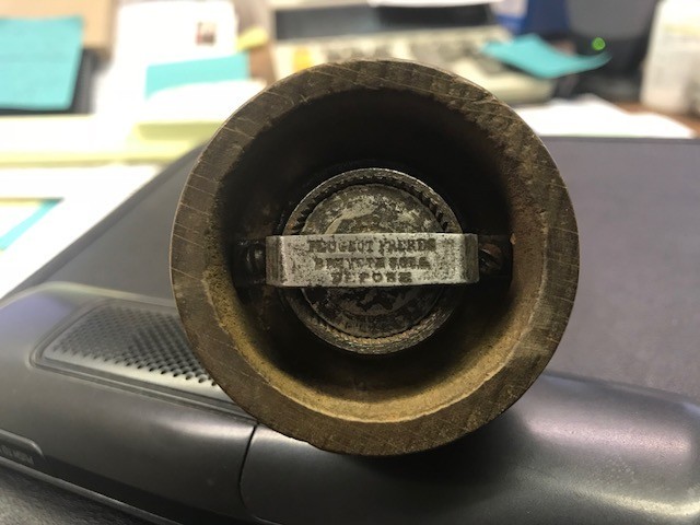 Antique vintage wood black pepper grinder, maybe English stamped, Old