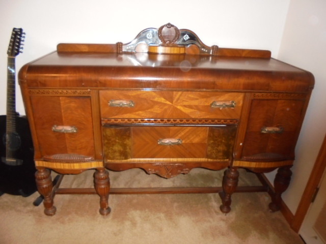 Antique Sideboard Buffet Art Deco Bakelite Handles Beveled & Etched Glass Mirror