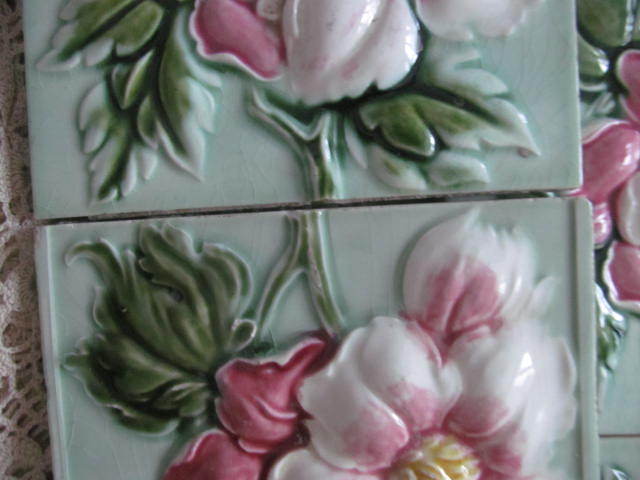 5 Antique Majolica Tiles Japan Deep Embossed Flower~Architectural Decor 6