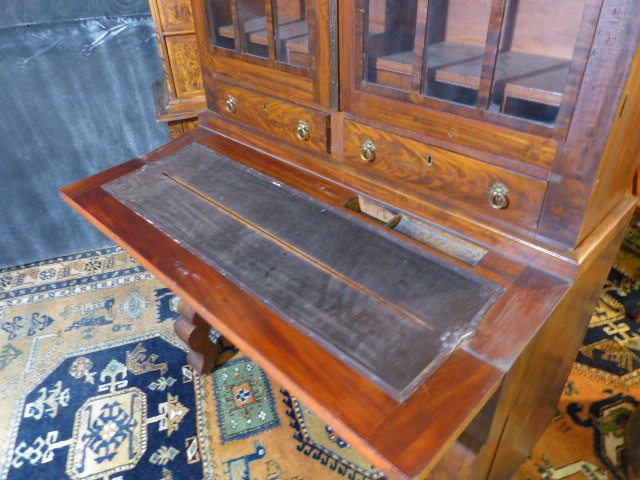 19thc antique empire bookcase desk crotch mahogany maker signed blaire warren vt