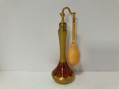 Devilbiss art deco atomizer perfume bottle. Cranberry glass etched gold