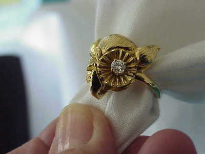 ART DECO 18K SOLID GOLD NUMBERED OWL RING WITH .34 CT VS1 F DIAMONDS SZ 5 1/2