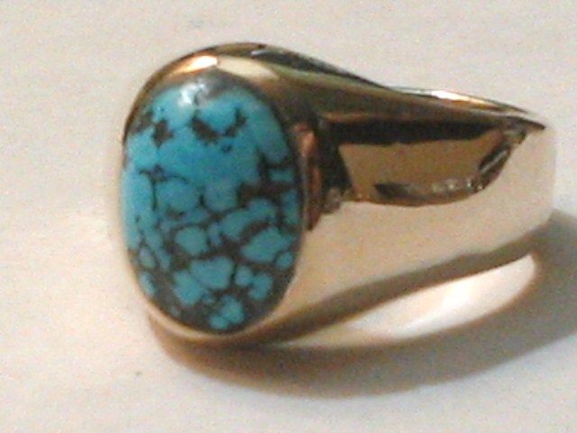Men's SIGNET STERLING SILVER Gold Plate SPIDER WEB TURQUOISE #8? 13.5g RING S10