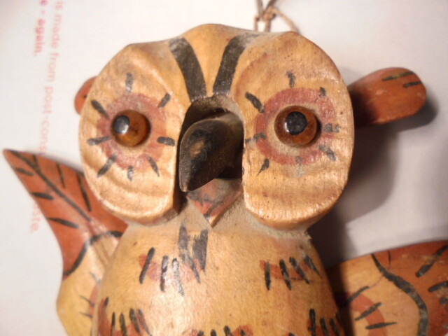 Vintage Folk Art Hand Carved Wood Owl Wall Hanging Mechanical Ears Wings & Beak
