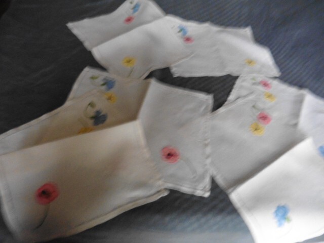 6 Anciennes Serviettes Lin Creme Brodees Bleuet Pensee Coquelicot Jours 35x28cm