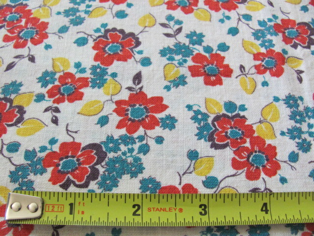 Vintage original red aqua yellow brown floral feed sack