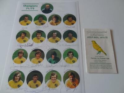 NORWICH CITY FC 1971-72 SECOND DIVISION CHAMPIONS SIGNED PRE-PRINT FIXTURES CARD