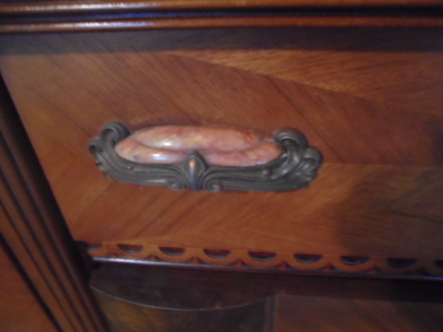 Antique Sideboard Buffet Art Deco Bakelite Handles Beveled & Etched Glass Mirror