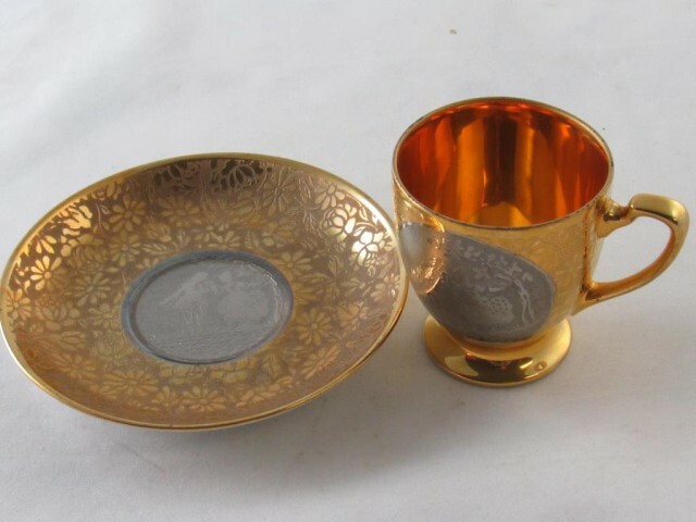 Demitasse Cup & Saucer Royal China Warranted 22kt Gold Encrusted Couple Cameo