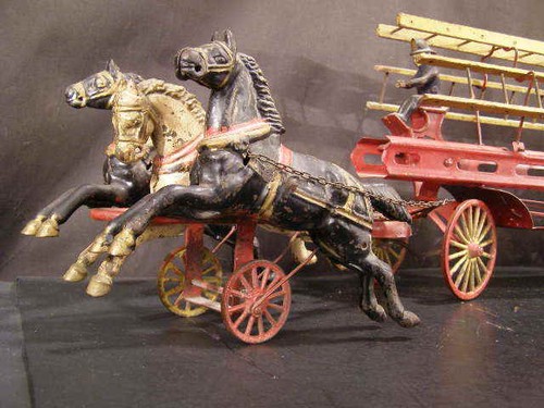 BIG 19c Wilkins Tin Wood Cast Iron Hook Ladder Fire Truck Animal Horse Drawn Toy