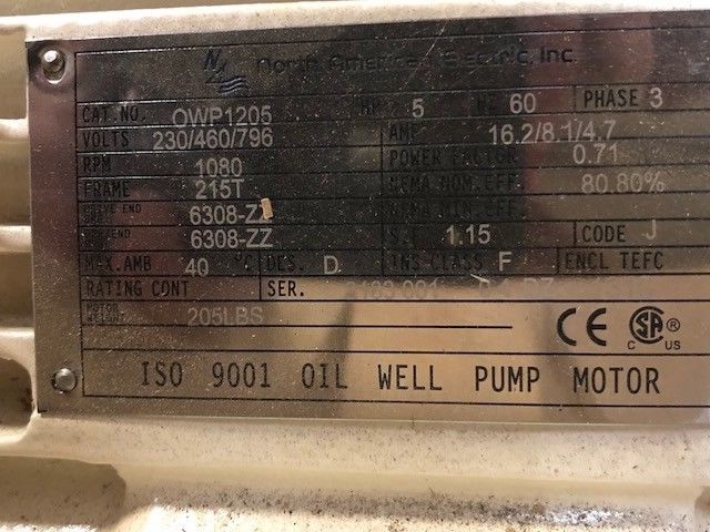 North American Electric 5HP 3 Phase Electric Motor