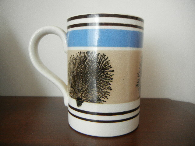 EARLY 20C ENGLISH MOCHA WARE GR 490 PINT TANKARD MUG SEAWEED BLUE TAN BANDED