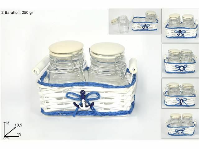 Cesto Vassoio In Vimini Fantasia Marina Con 2 Contenitori Barattoli Vetro dfh