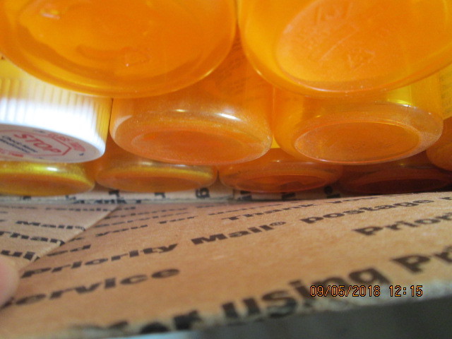 54 EMPTY MEDICINE PILL BOTTLES, WITH CAPS, 3 7/8 INCHES TALL USED BUT STILL GOOD