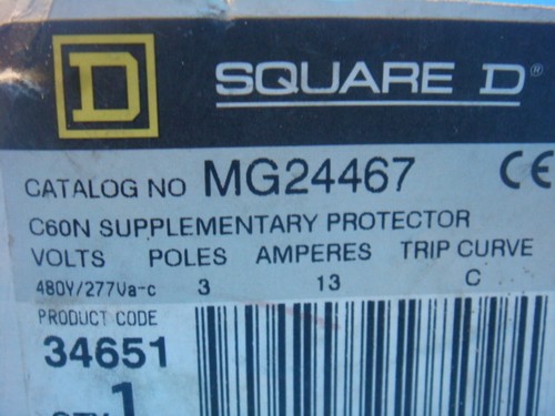NEW SQUARE D MG24467, C60N SUPPLEMENTARY PROTECTOR 480Y/277V 13A 3P, NEW IN BOX