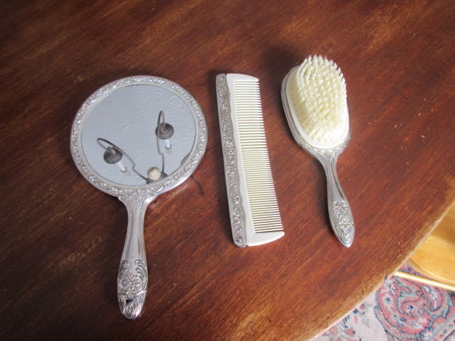 nice Antique SILVER PLATED DRESSER SET MIRROR,BRUSH,COMB W/ repousse flowers