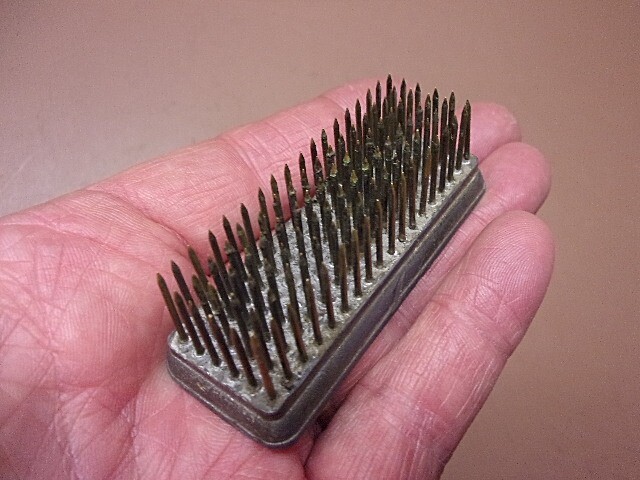 Antique Rectangular Flower Frog Brass Spikes Lead Base 1 1/8